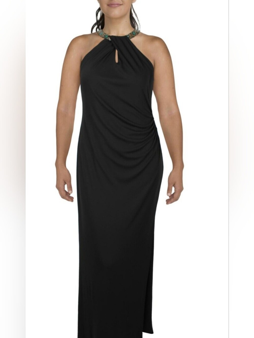 NWT Lauren Ralph Lauren Black Halter Gown with Beaded Accent & Keyhole Neck (16)